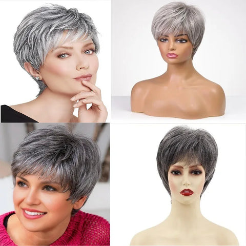 100% Human Hair Short Wig 4 Inch 150% Density Full Machine Made Light Gray Pixie Cut Wig Natural Looking For Daily Use