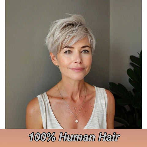 Silver Gray Pixie cut Wigs Human Hair Grey Pixie Cut with Straight Layered Hair for Women Short Hair Wig Full Machine-Made Wig