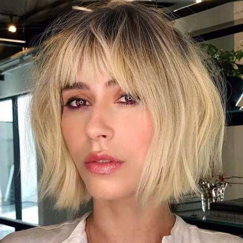 Ombre Blonde Short Bob Wigs With Bangs Lace Front Human Hair Wigs