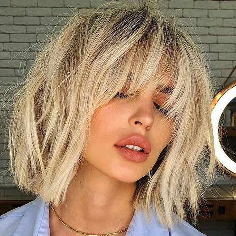 Ombre Blonde Short Bob Wigs With Bangs Lace Front Human Hair Wigs