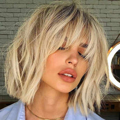 Ombre Blonde Short Bob Wigs With Bangs Lace Front Human Hair Wigs