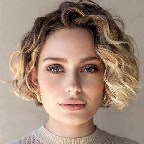 Glueless Short Ombre Blonde Wavy Bob Wig Lace Front Human Hair Wigs