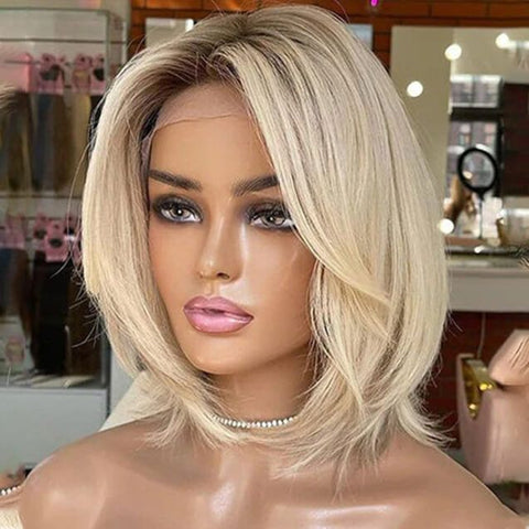 Dark Root Ombre Ash Blonde Bob Wig Straight Layered Cut Lace Front Human Hair Wigs