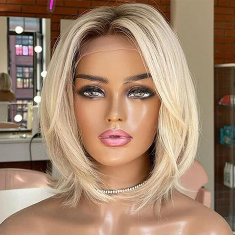 Dark Root Ombre Ash Blonde Bob Wig Straight Layered Cut Lace Front Human Hair Wigs