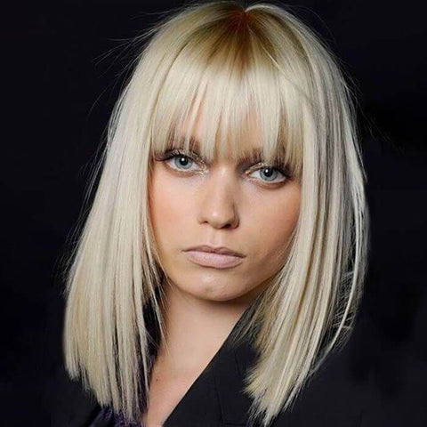 Silky Straight Blonde Bob Wigs With Bangs Lace Front Human Hair Wigs