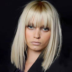 Silky Straight Blonde Bob Wigs With Bangs Lace Front Human Hair Wigs
