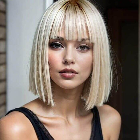 Silky Straight Blonde Bob Wigs With Bangs Lace Front Human Hair Wigs