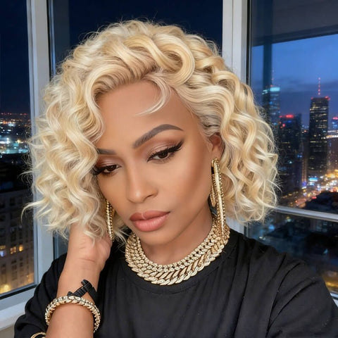 613 Blonde Short Wavy Bob Wig Lace Front Human Hair Wigs
