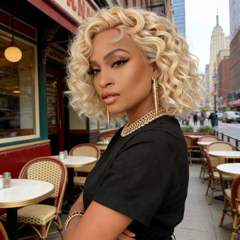 613 Blonde Short Wavy Bob Wig Lace Front Human Hair Wigs