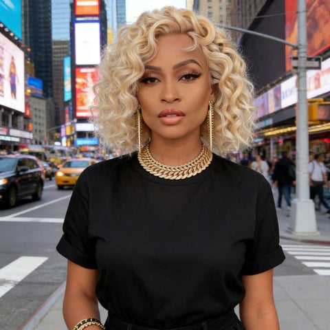 613 Blonde Short Wavy Bob Wig Lace Front Human Hair Wigs