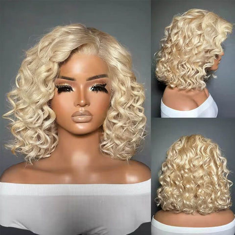 613 Blonde Short Wavy Bob Wig Lace Front Human Hair Wigs