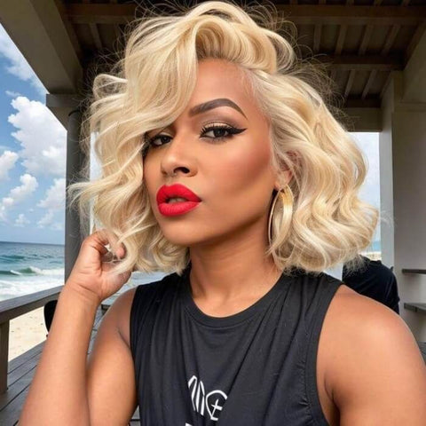 Blonde Wavy Bob Wigs with Side Part 13X4 Lace Front Human Hair Wigs