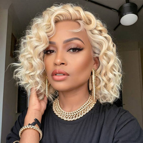 613 Blonde Short Wavy Bob Wig Lace Front Human Hair Wigs