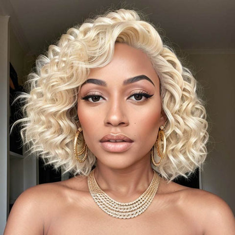 613 Blonde Short Wavy Bob Wig Lace Front Human Hair Wigs
