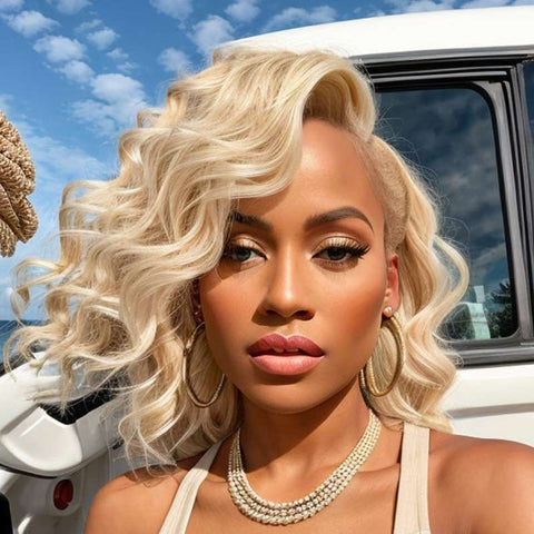 Blonde Wavy Bob Wigs with Side Part 13X4 Lace Front Human Hair Wigs