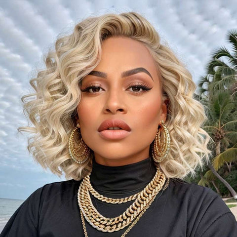 613 Blonde Short Wavy Bob Wig Lace Front Human Hair Wigs