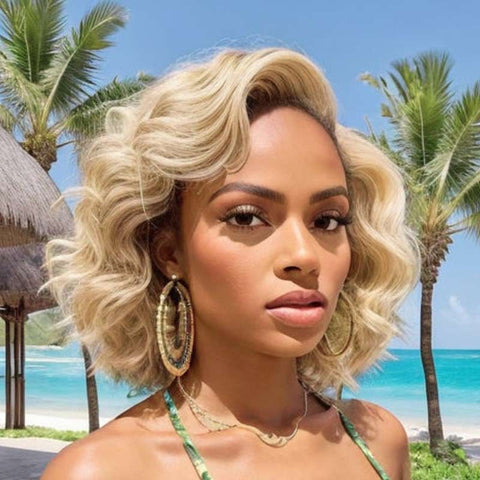 Blonde Wavy Bob Wigs with Side Part 13X4 Lace Front Human Hair Wigs