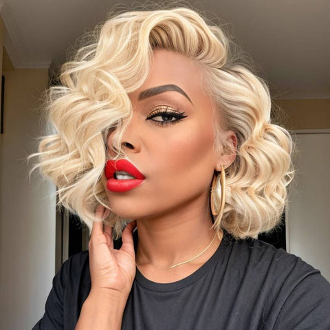 Blonde Wavy Bob Wigs with Side Part 13X4 Lace Front Human Hair Wigs