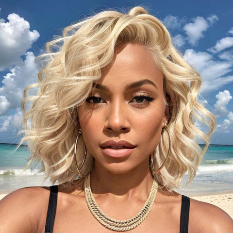 Blonde Wavy Bob Wigs with Side Part 13X4 Lace Front Human Hair Wigs