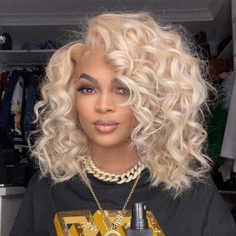 Short Bob Wigs 613 Blonde Curly Wigs Lace Front Human Hair Wigs