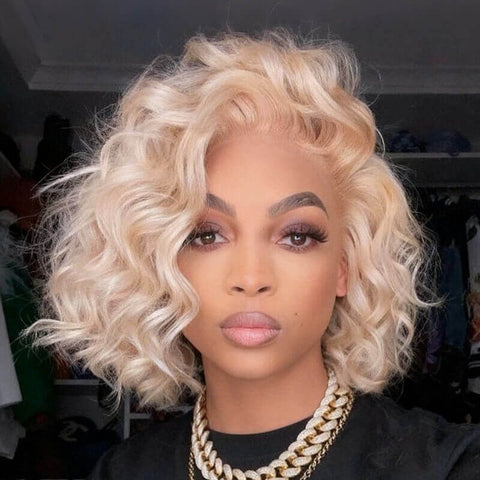 Short Bob Wigs 613 Blonde Curly Wigs Lace Front Human Hair Wigs