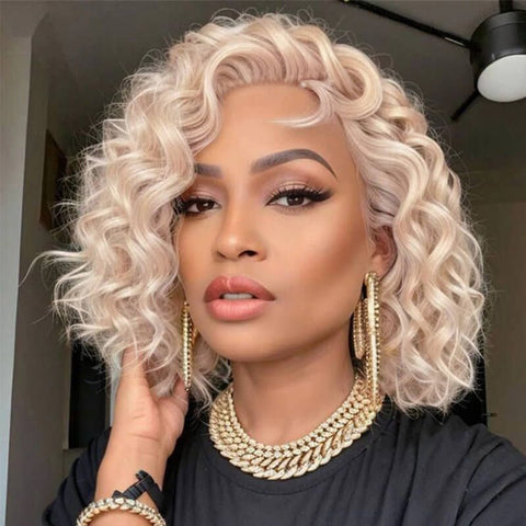 Short Bob Wigs 613 Blonde Curly Wigs Lace Front Human Hair Wigs