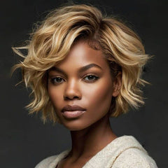 Pixie Cut Short Wavy Ombre Blonde Bob Wigs with Side Part Human Hair Wigs