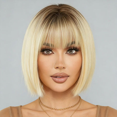 Blonde Ombre With Dark Roots Straight Bob Wigs With Bangs Lace Front Human Hair Wigs
