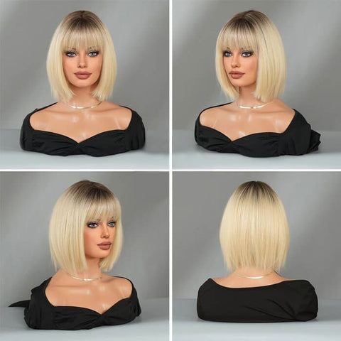 Blonde Ombre With Dark Roots Straight Bob Wigs With Bangs Lace Front Human Hair Wigs