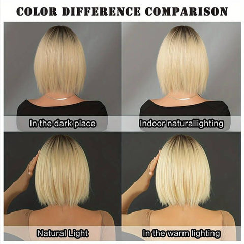 Blonde Ombre With Dark Roots Straight Bob Wigs With Bangs Lace Front Human Hair Wigs