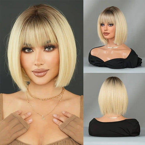 Blonde Ombre With Dark Roots Straight Bob Wigs With Bangs Lace Front Human Hair Wigs