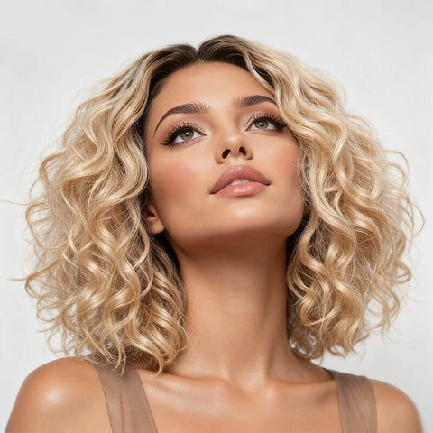 Blonde Ombre Curly Bob Wigs Lace Front Human Hair Wigs