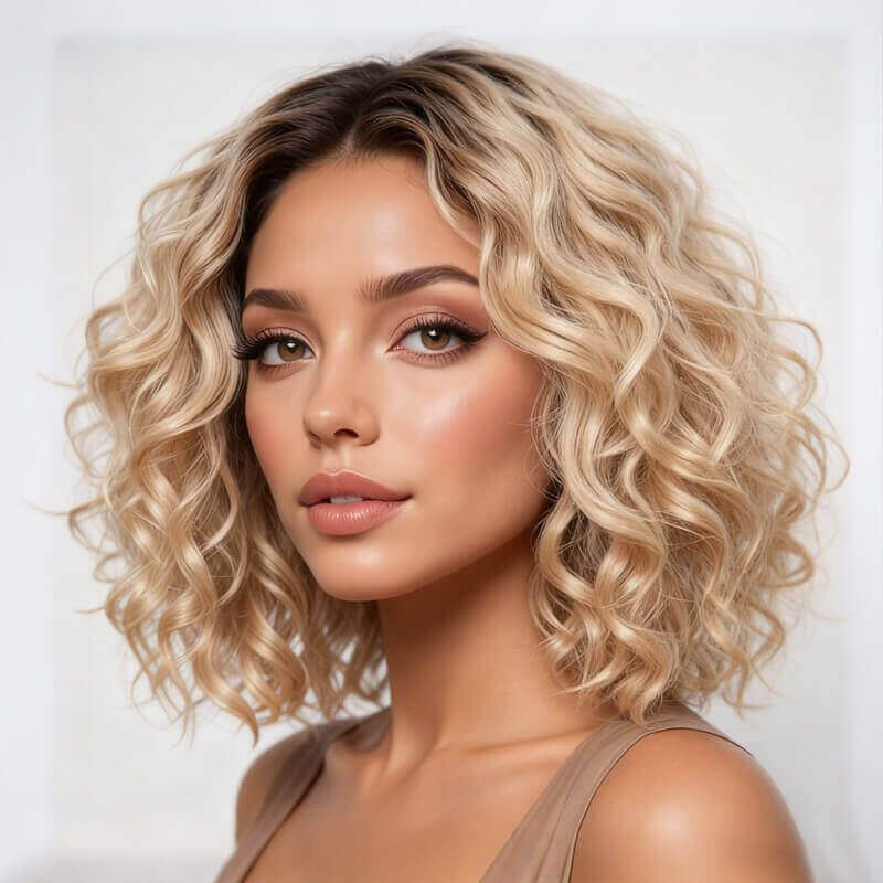 Blonde Ombre Curly Bob Wigs Lace Front Human Hair Wigs