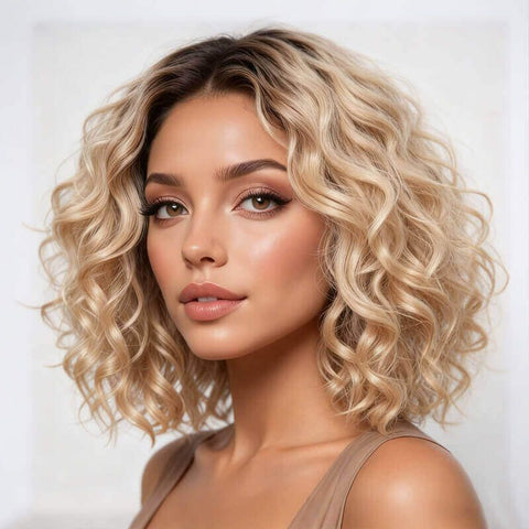Blonde Ombre Curly Bob Wigs Lace Front Human Hair Wigs