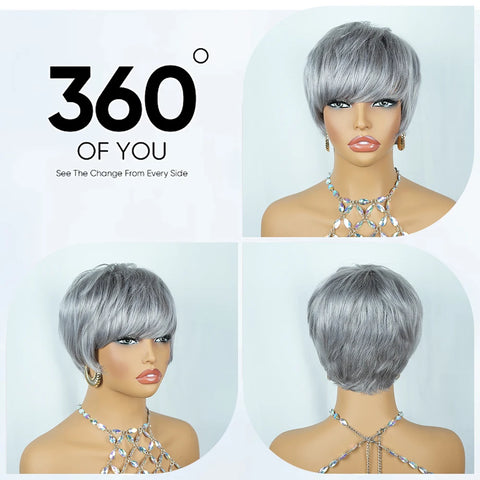 Silver Gray Pixie cut Wigs Human Hair Grey Pixie Cut with Straight Layered Hair for Women Short Hair Wig Full Machine-Made Wig