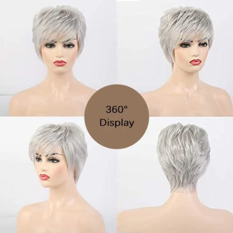 100% Human Hair Short Wig 4 Inch 150% Density Full Machine Made Light Gray Pixie Cut Wig Natural Looking For Daily Use
