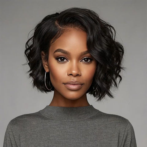 Wear and Go Wigs 180% Density Bob Wavy Human Hair Wigs With Side Part Pre Cut Lace Elegant Hairstyles