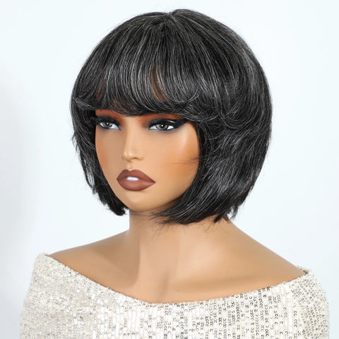Debut Salt and Pepper Gray Short Pixie Cut Bob 100% Human Hair Wigs For Women Brazilian Remy Hair Full Machine Made Mom Wigs