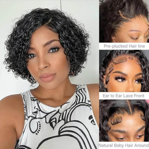 Pixie Cut Short Curly Bob Wigs with Side Part Lace Front Human Hair Wigs