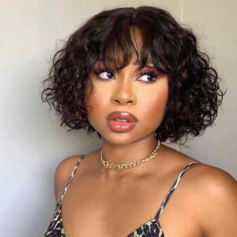 Short Cut Loose Curl Bob Human Hair 4x4 Lace Closure Wig With Wispy Bangs