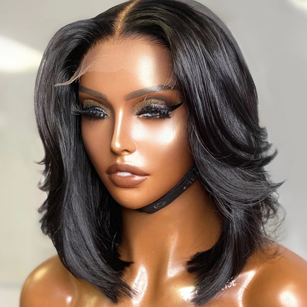 Natural Black Handcraft Layered 5x5 Closure HD Lace Glueless Short Wig 100% Human Hair