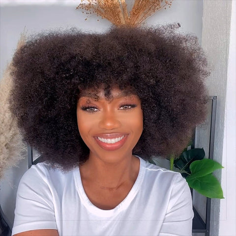 Newbie Only | Throw On & Go Jerry Curly No Lace Glueless Short Wig with Bangs 100% Human Hair