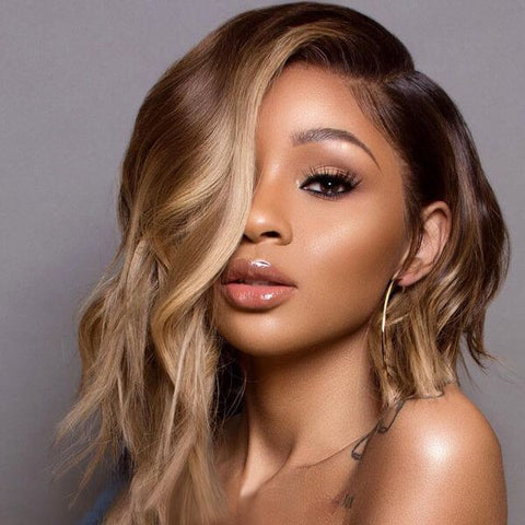 Short Bob Wigs with Side Part Brown with Blonde Highlights Lace Front Human Hair Wigs