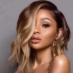 Short Bob Wigs with Side Part Brown with Blonde Highlights Lace Front Human Hair Wigs