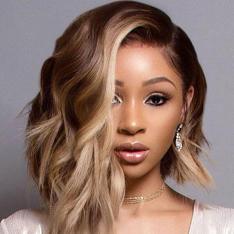 Short Bob Wigs with Side Part Brown with Blonde Highlights Lace Front Human Hair Wigs