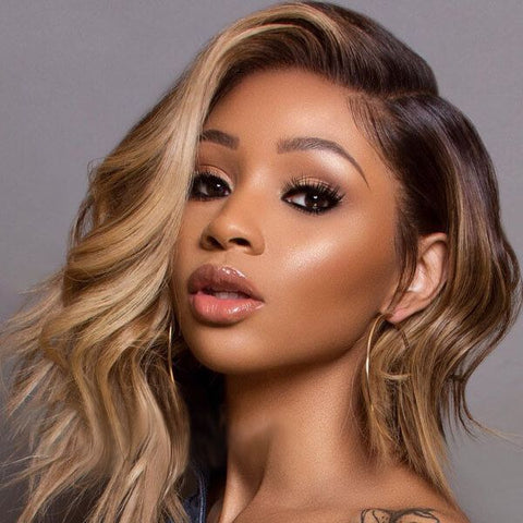 Short Bob Wigs with Side Part Brown with Blonde Highlights Lace Front Human Hair Wigs