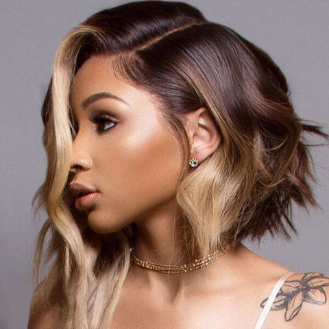Short Bob Wigs with Side Part Brown with Blonde Highlights Lace Front Human Hair Wigs