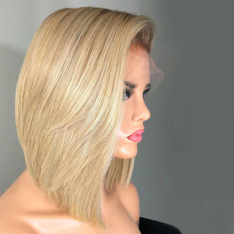 Ashy Grey Blonde Human Hair Lace Front Wig Short Bob Straight Frontal Wigs