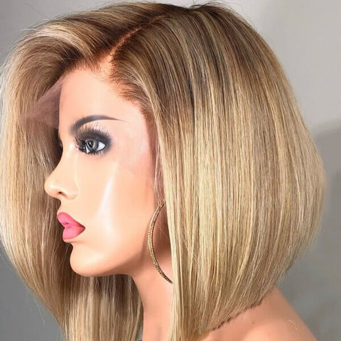 Ashy Grey Blonde Human Hair Lace Front Wig Short Bob Straight Frontal Wigs