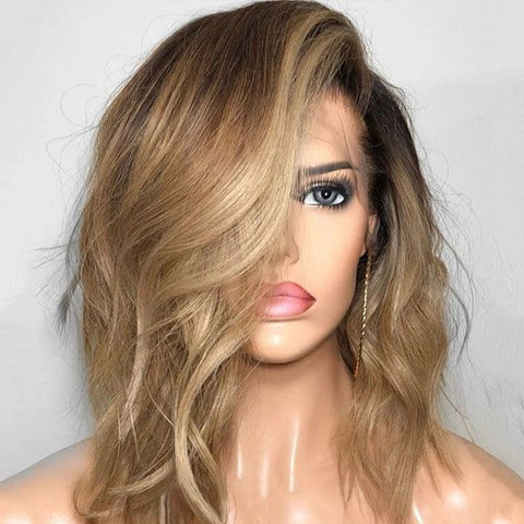 Shoulder Length Wavy Wigs with Side Part Caramel Blonde Ombre Wig Human Hair Wigs